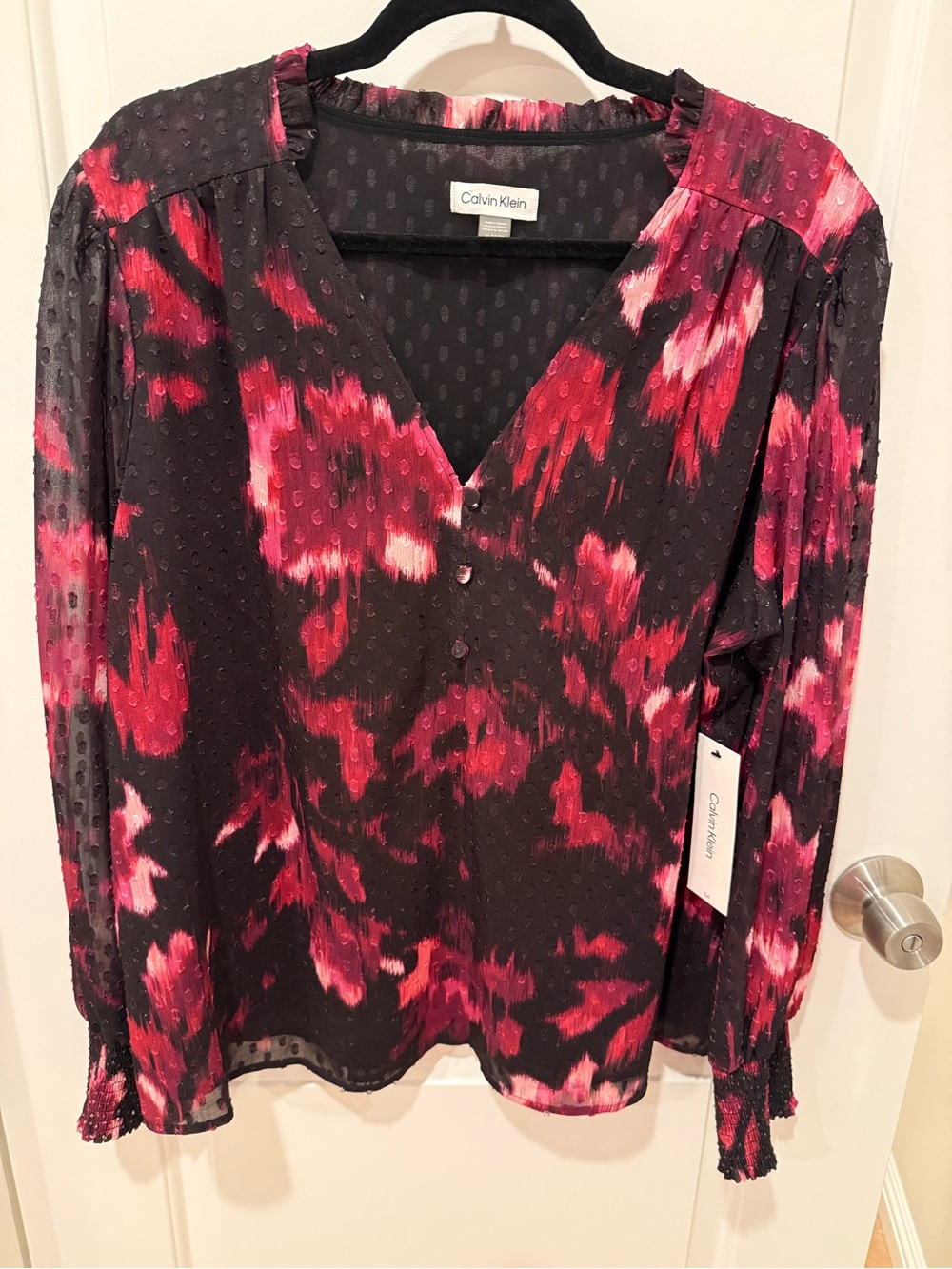 Calvin Klein Black and Pink Abstract Print V-Neck Long Sleeve Blouse